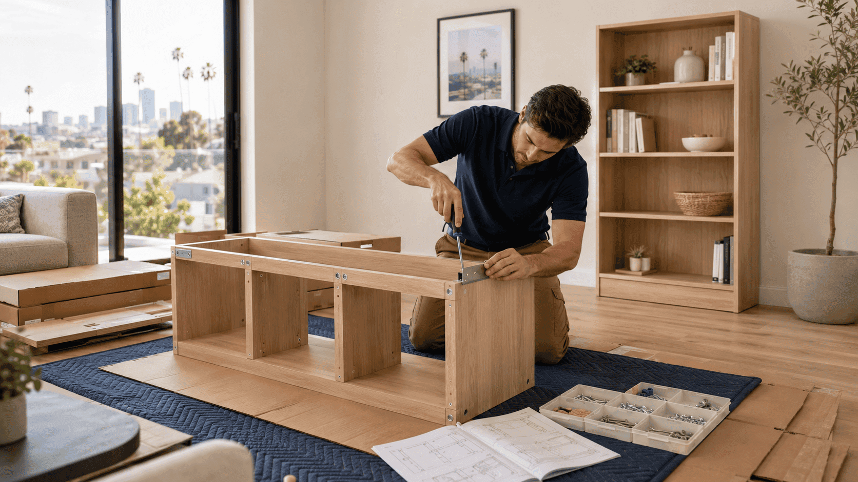 Handyman assembling a flat-pack bookcase on a protected floor with sorted hardware and instructions