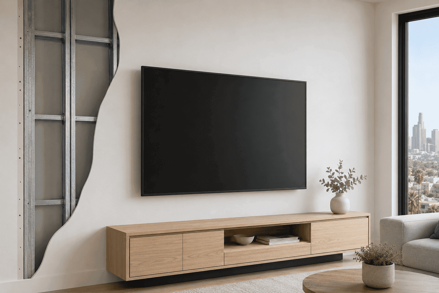 Wall-mounted television beside a cutaway view of galvanized metal studs behind drywall