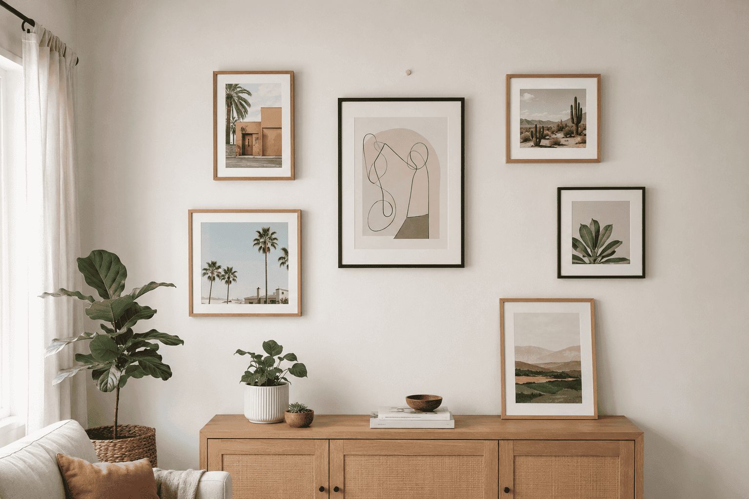 Renter-friendly framed art displayed on a smooth apartment wall and a console
