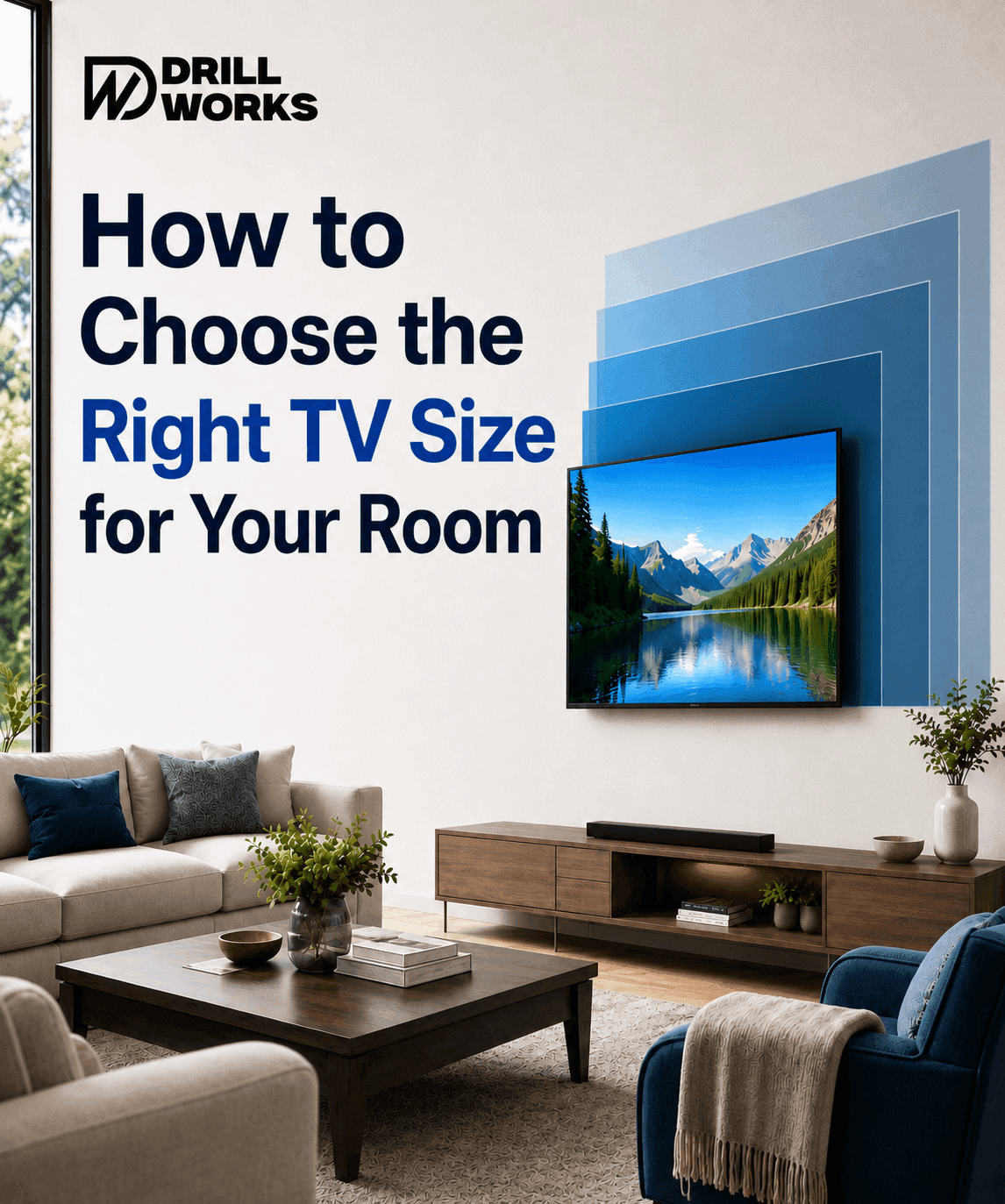 TV size guide cover showing screen sizes and viewing distance