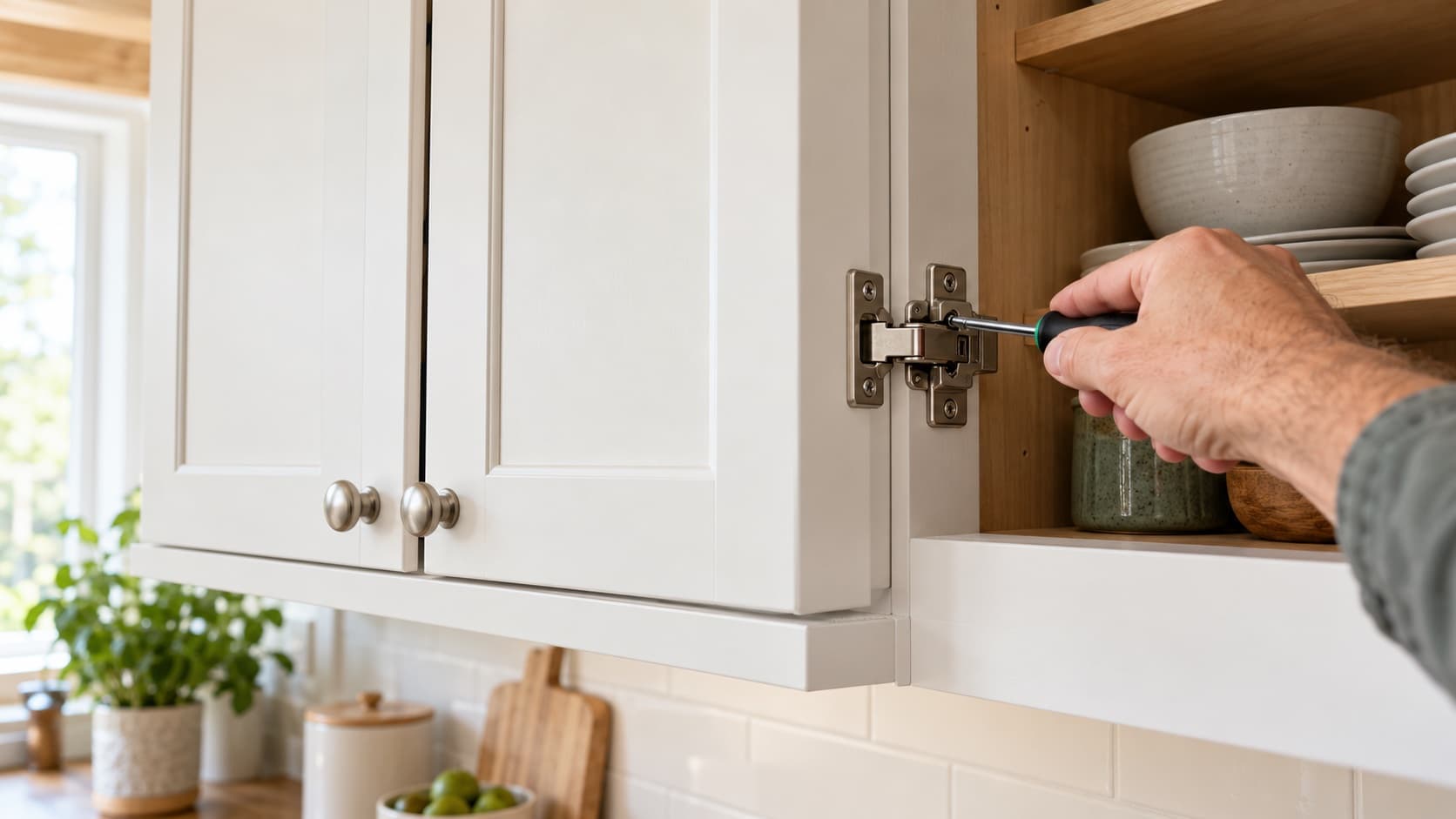 Technician adjusting a concealed hinge on a crooked white cabinet door