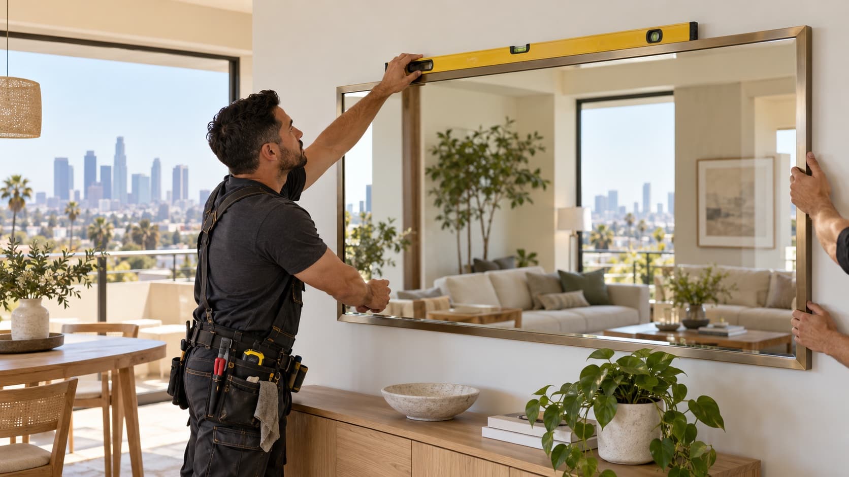 Installer and helper positioning a large framed mirror with a level in a bright Los Angeles home