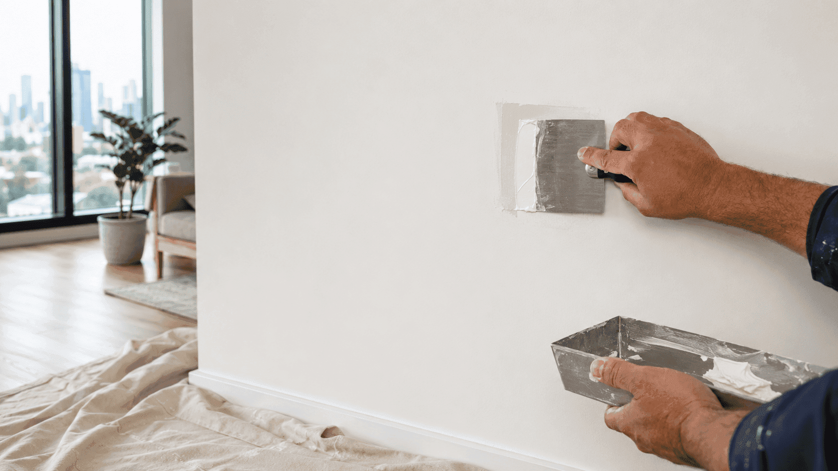 A handyman applying joint compound over a small drywall patch in a Los Angeles apartment