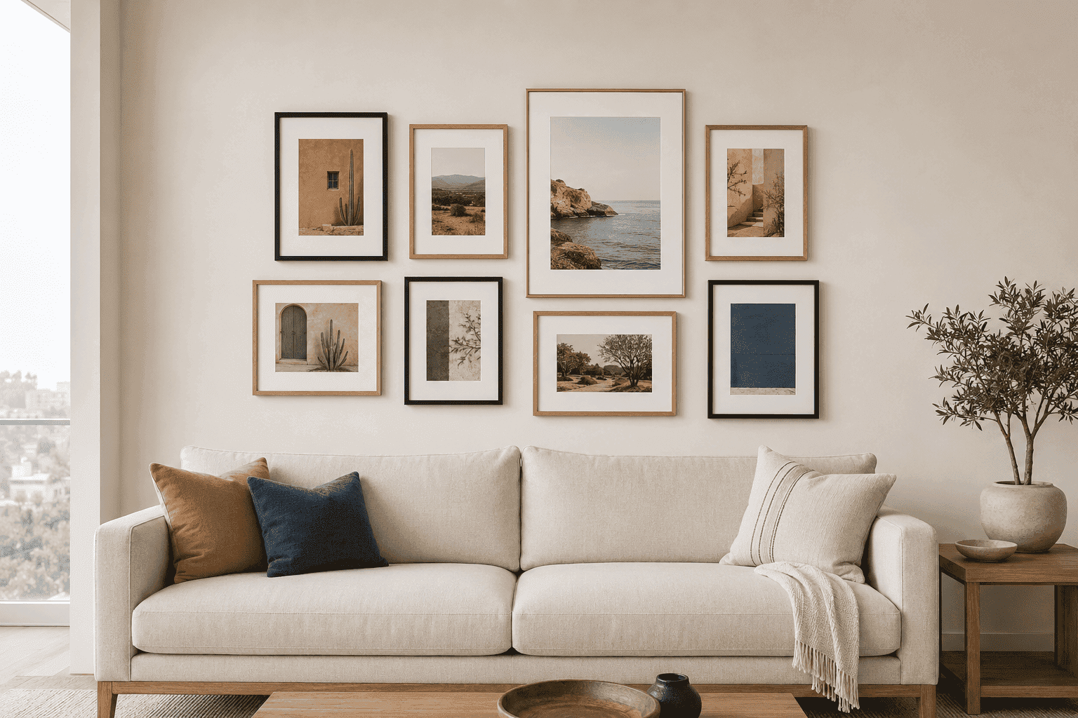 Gallery wall arranged above a sofa in a living room