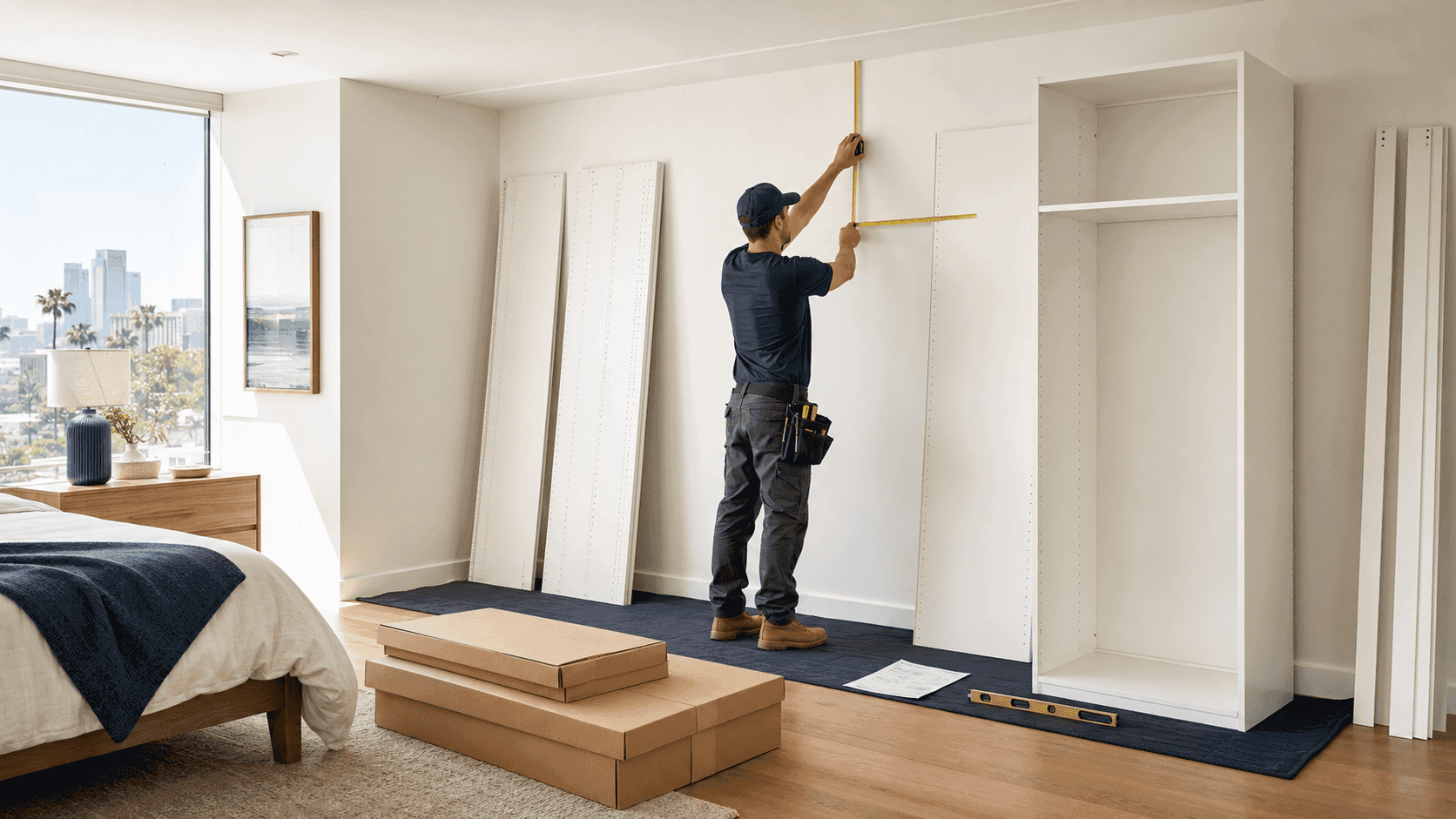 Installer measuring a bedroom wall before assembling a tall modular wardrobe