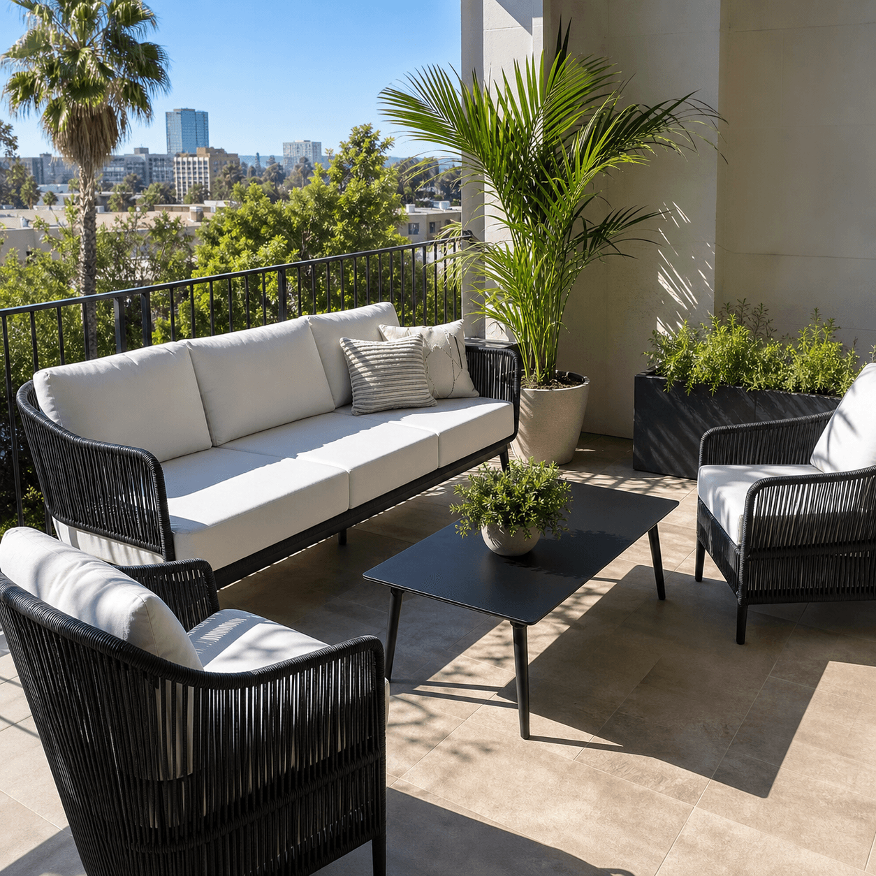 Completed outdoor patio furniture assembly on a Los Angeles balcony