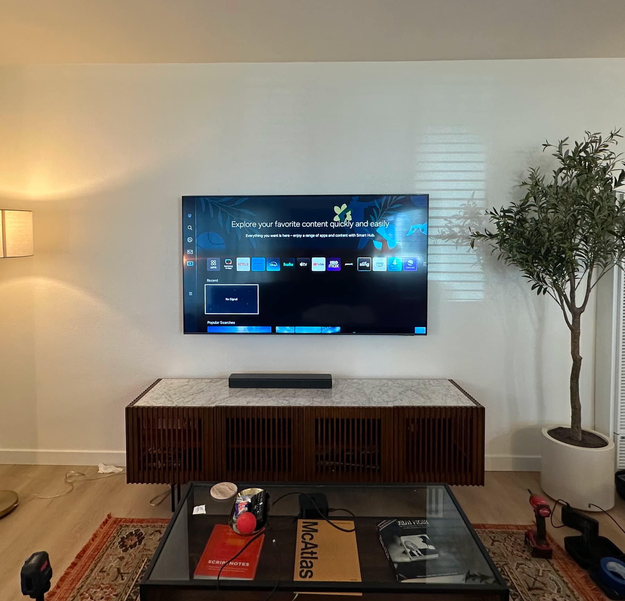 TV mounting after in-wall cable concealment with a clean wall finish