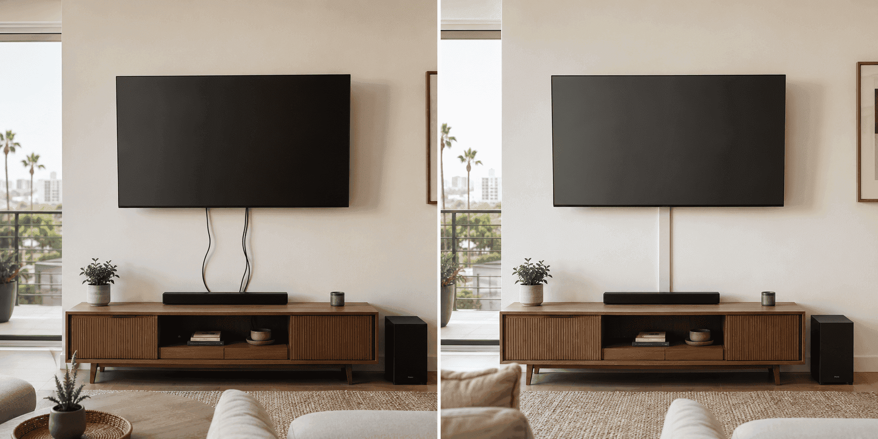Before-and-after view of visible TV cords and a clean paintable cord cover below a wall-mounted TV